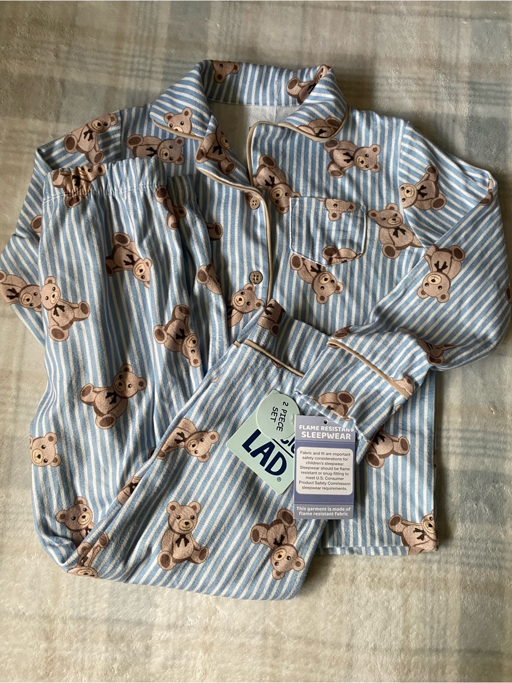 NWT / Blue Striped With Brown Teddy Bear Kids Pajama Set size 4T